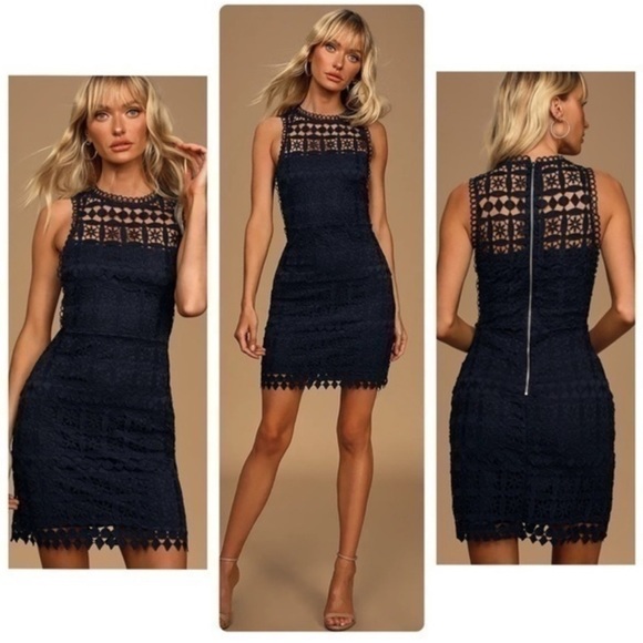 Lulus Pay Tribute crochet navy blue dress size size - Picture 2 of 9